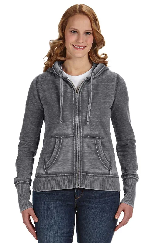 J America Womens Zen Burnout Fleece Full Zip Hooded Sweatshirt Hoodie w/ Pockets - Dark Smoke Grey