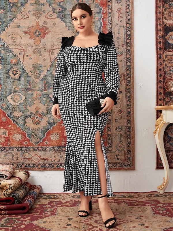 Glamorous Houndstooth Split Thigh Long Sleeve Sweetheart Mermaid High Waist Long Plus Size Dress