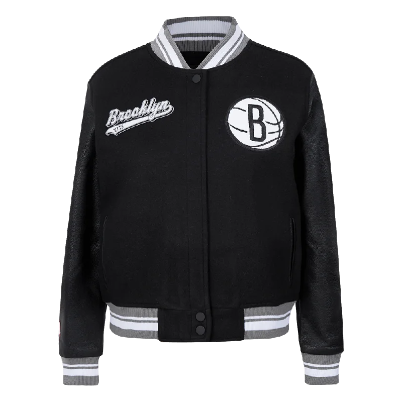 NBA BROOKLYN NETS SCRIPT TAIL WOMEN'S WOOL VARSITY JACKET (BLACK/GRAY)