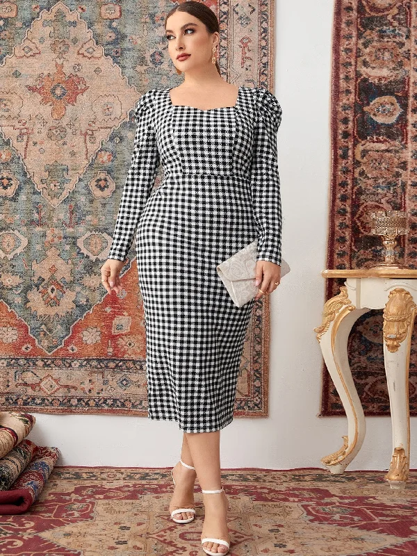 Elegant Gingham Zipper Long Sleeve Square Neck Pencil High Waist Long Plus Size Dress