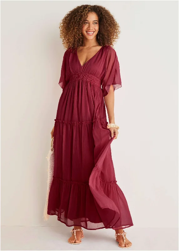 Flutter Sleeve Maxi Dress - Wine