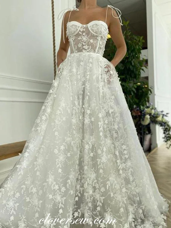 Fashion Lace Illusion Spaghetti Strap French Wedding Dresses, CW0284