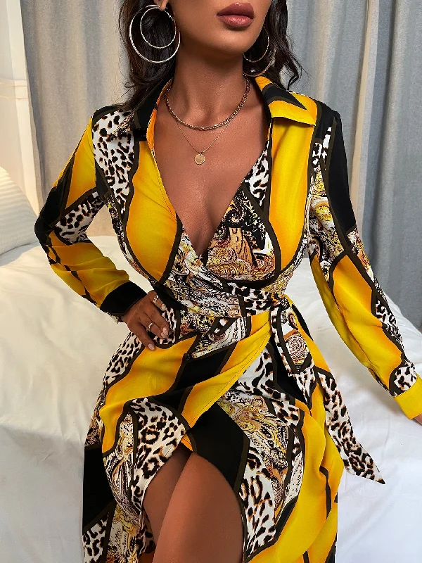 Leopard Tie Front Long Sleeve Collar Wrap High Waist Midi Dress