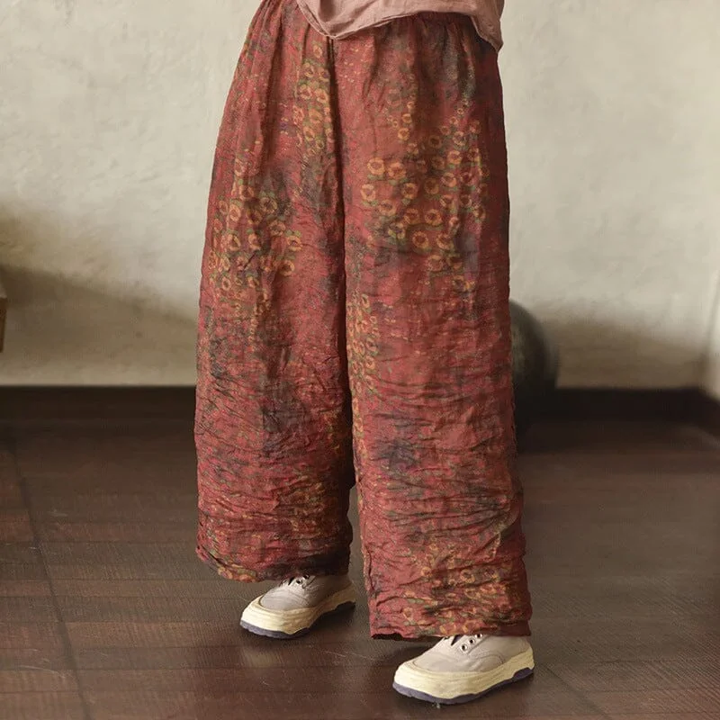 Women Autumn Retro Print Pleated Linen Pants