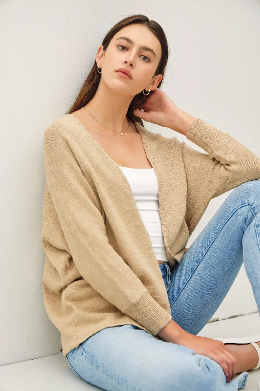 Taupe Slub Knit Open Cardigan