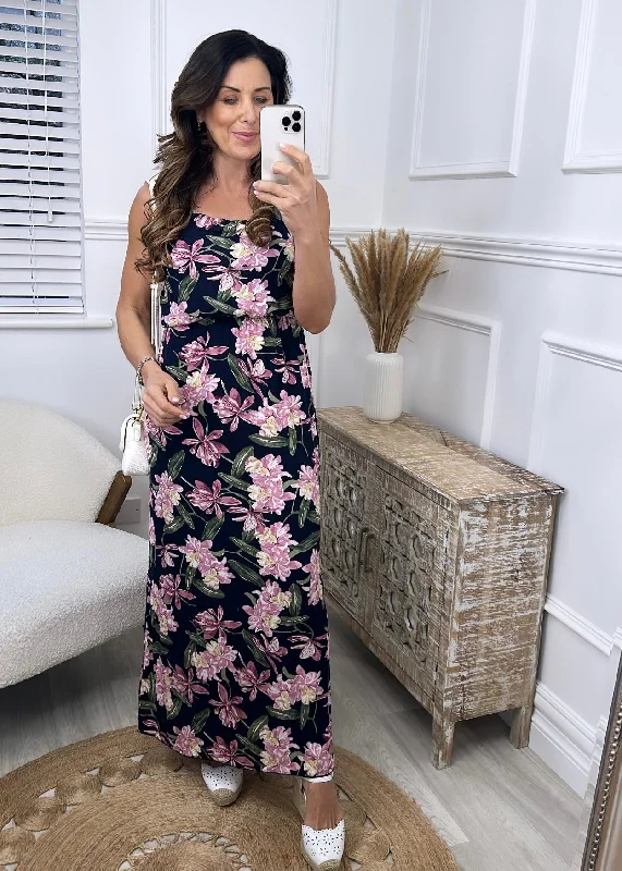 Doris Navy Floral Print Maxi Dress