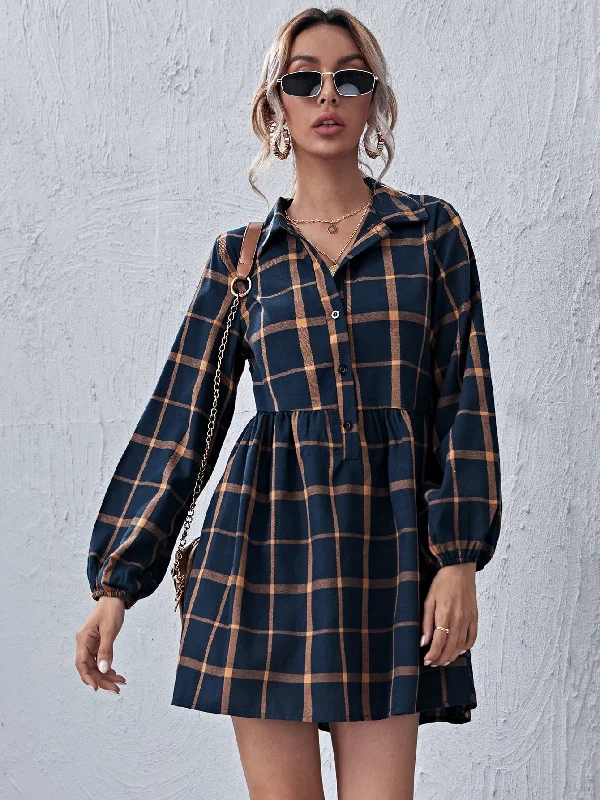 Plaid Button Front Long Sleeve Collar Flared High Waist Short Dress