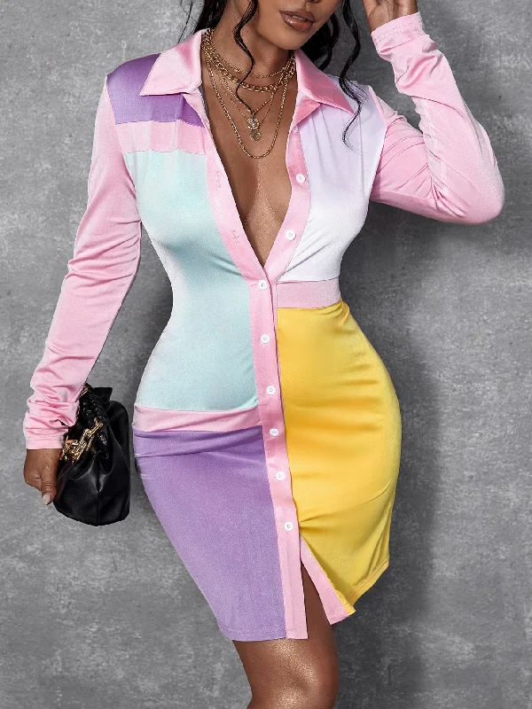 Colorblock Button Front Long Sleeve Collar Pencil High Waist Short Dress