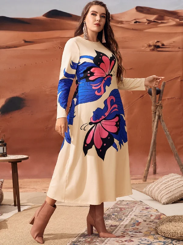 Elegant Figure Long Sleeve Round Neck Flared Natural Long Plus Size Dress