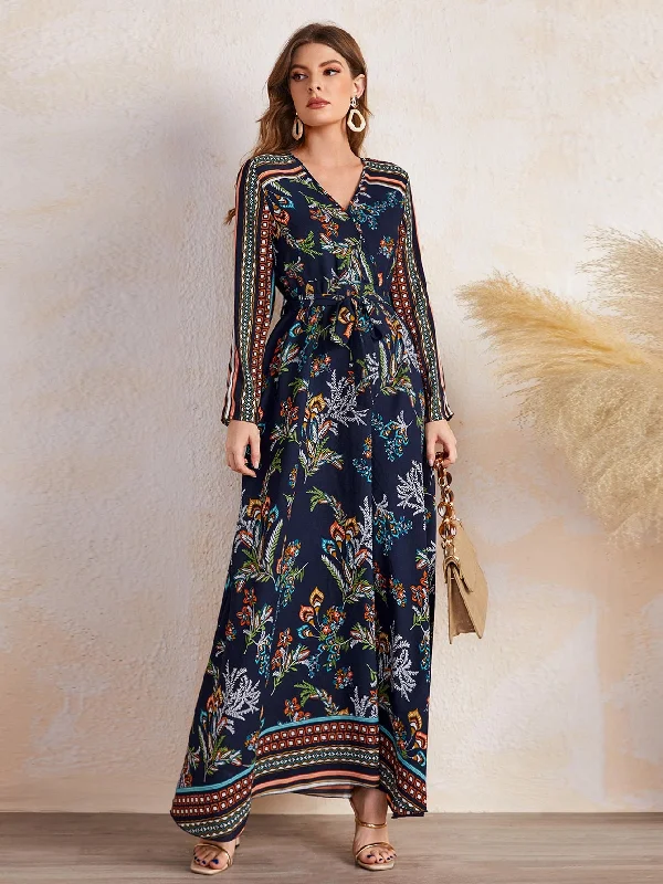 Floral Belted Long Sleeve V Neck Flared High Waist Maxi Dress