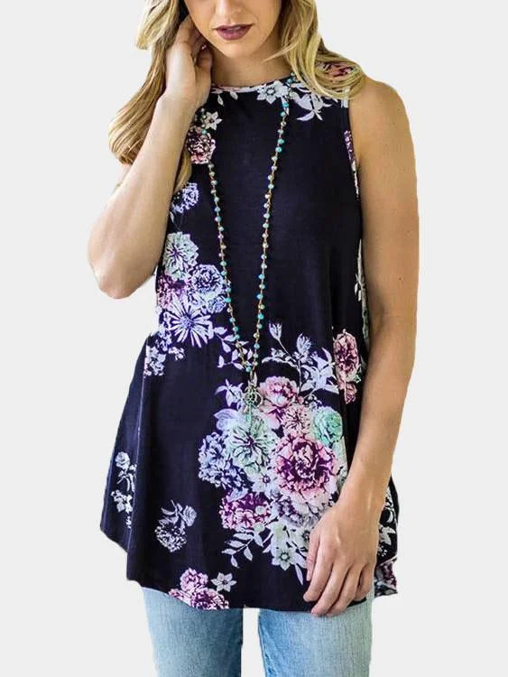 Custom Round Neck Floral Print Sleeveless Curved Hem Camis