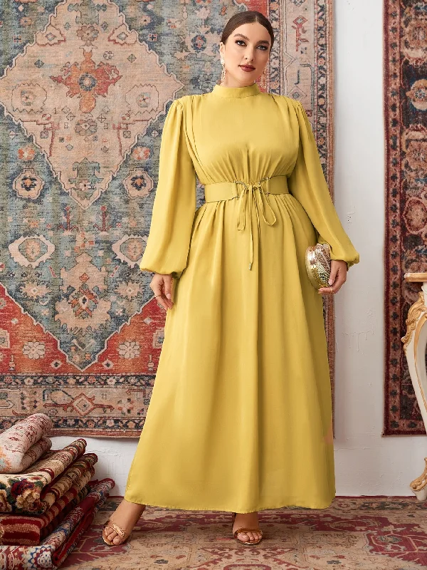 Elegant Plain Zipper Long Sleeve Stand Collar Flared High Waist Maxi Plus Size Dress