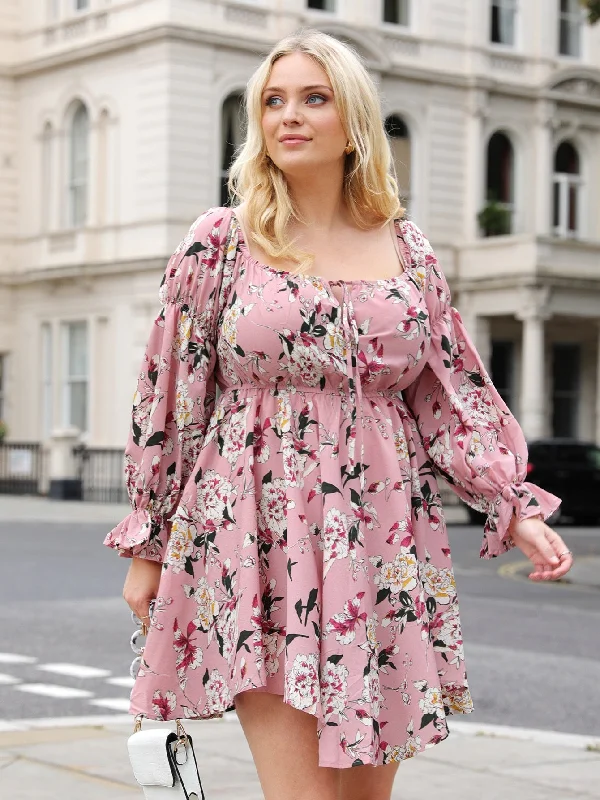 Boho Floral Ruffle Long Sleeve Square Neck Asymmetrical High Waist Short Plus Size Dress