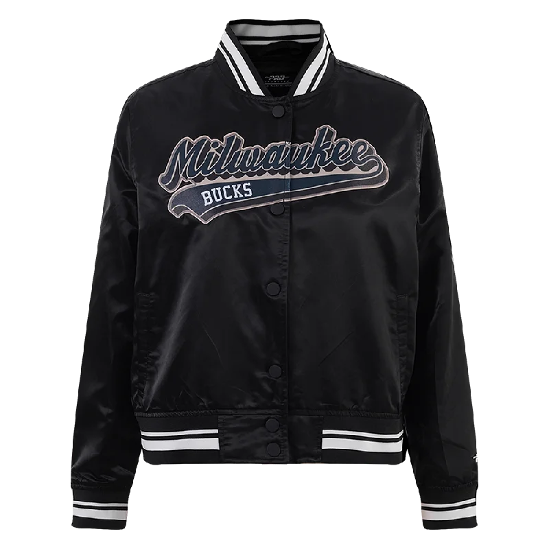 NBA MILWAUKEE BUCKS SCRIPT TAIL WOMEN'S SATIN JACKET (BLACK)