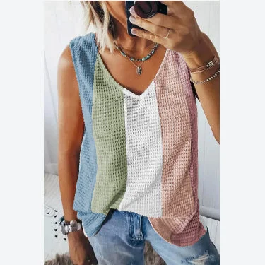 Fashion Sleeveless Waffle Collision Color Slim Summer Tank Tops Wholesale