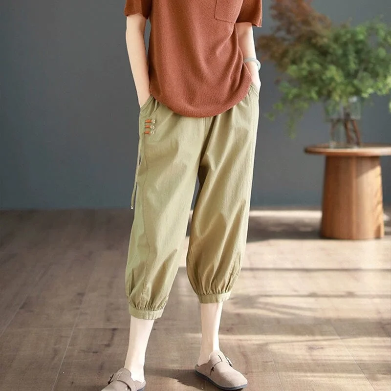 Women Summer Cottotton Solid Calf-length Harem Pants