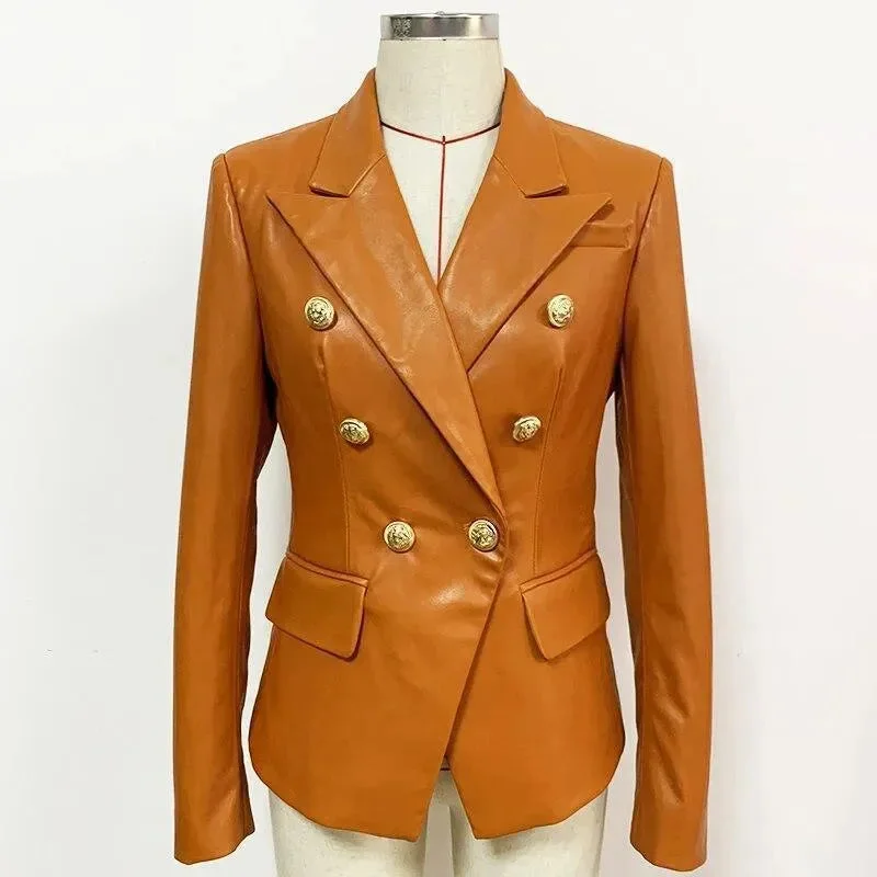 Orange Leather Blazer Women - Formal-Business - Plain-Solid