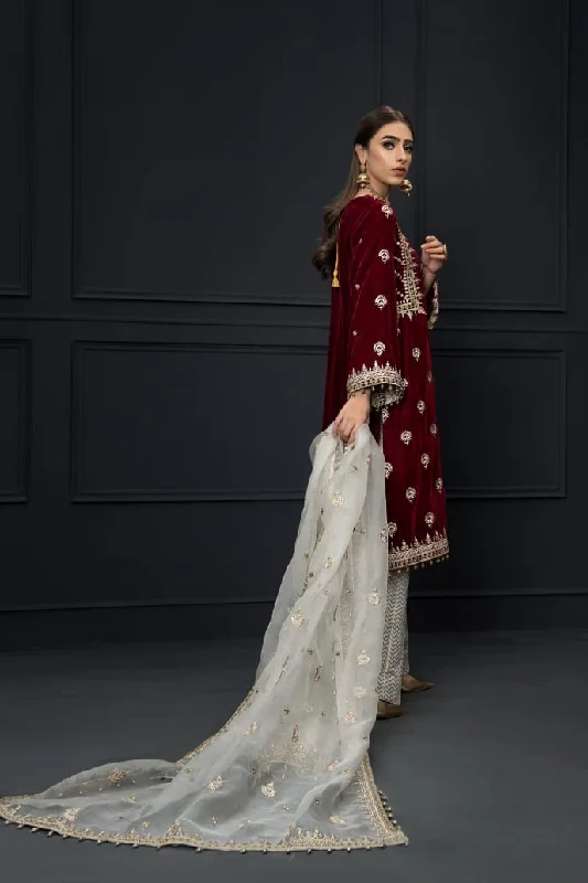 Red velvet Kameez with brocade pants and organza dupatta