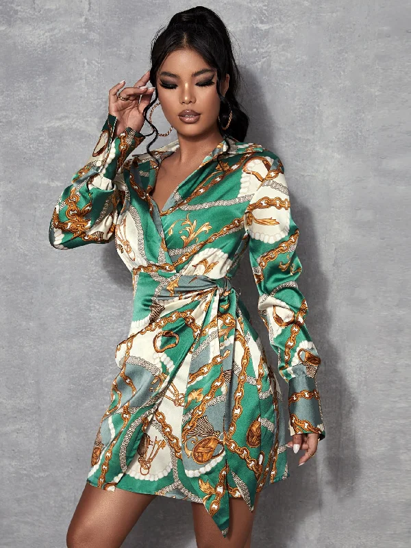 Chain Print Button Long Sleeve Collar Wrap High Waist Short Dress