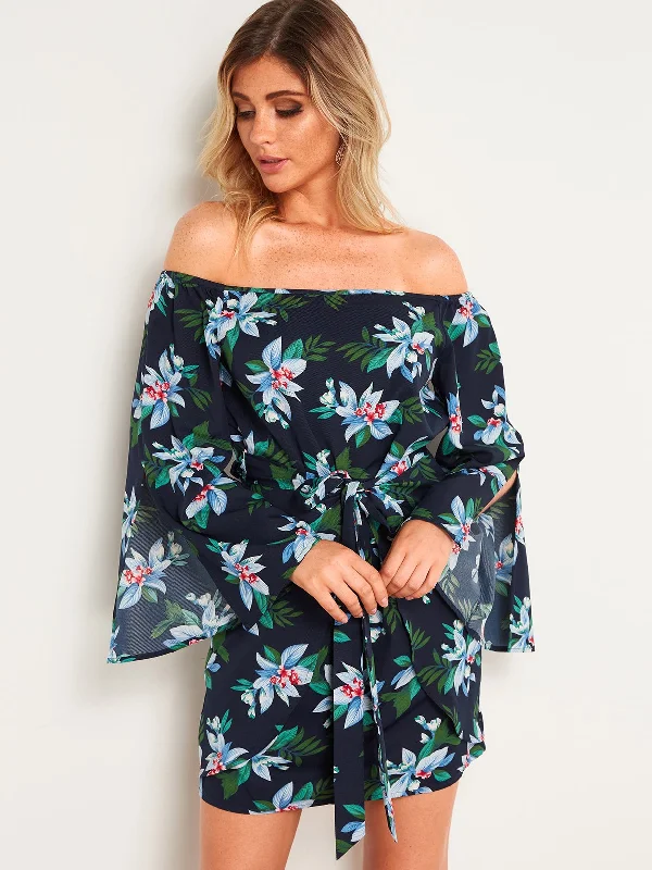 Wholesale Navy Off The Shoulder Long Sleeve Floral Print Slit Mini Dress