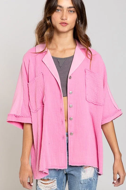 Pink POL Shacket/Button Up top