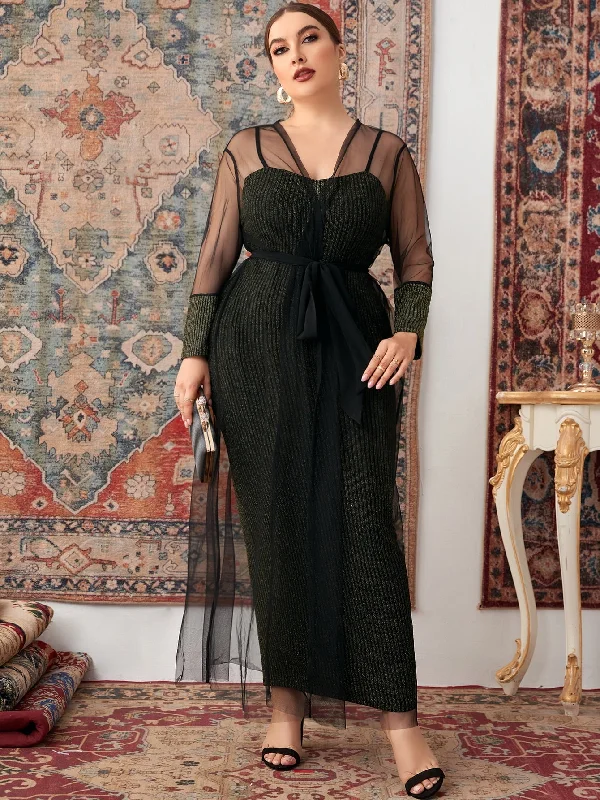 Elegant Plain Sheer Long Sleeve V Neck Semi-Sheer Pencil High Waist Long Plus Size Dress