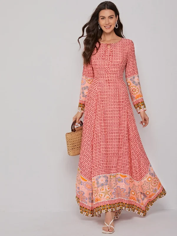 All Over Print Asymmetrical Long Sleeve Tie Neck Asymmetrical High Waist Maxi Dress