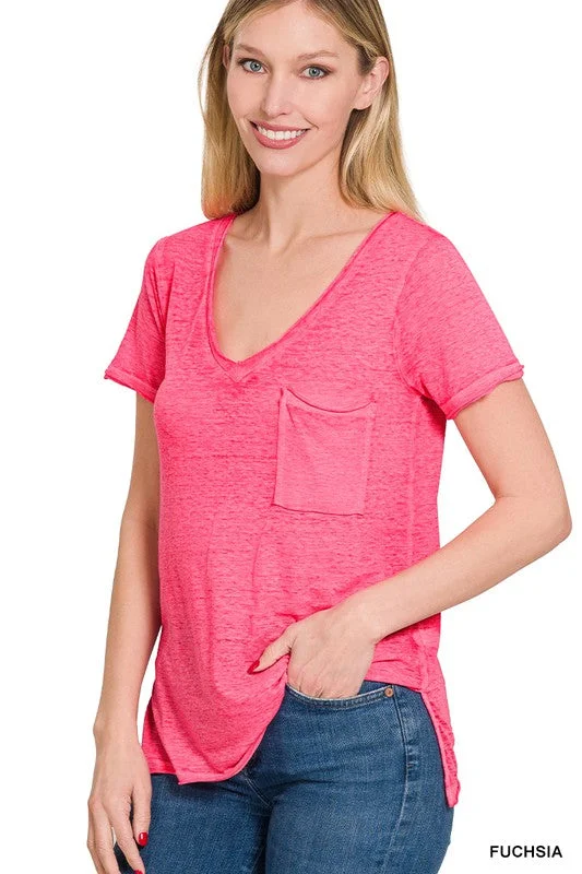 WASHED MELANGE BURNOUT SCOOP V-NECK TOP