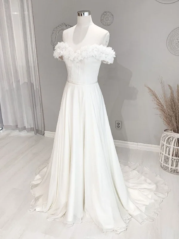 White Off Shoulder Flowers Long Wedding Dress, White Beach Wedding Dress