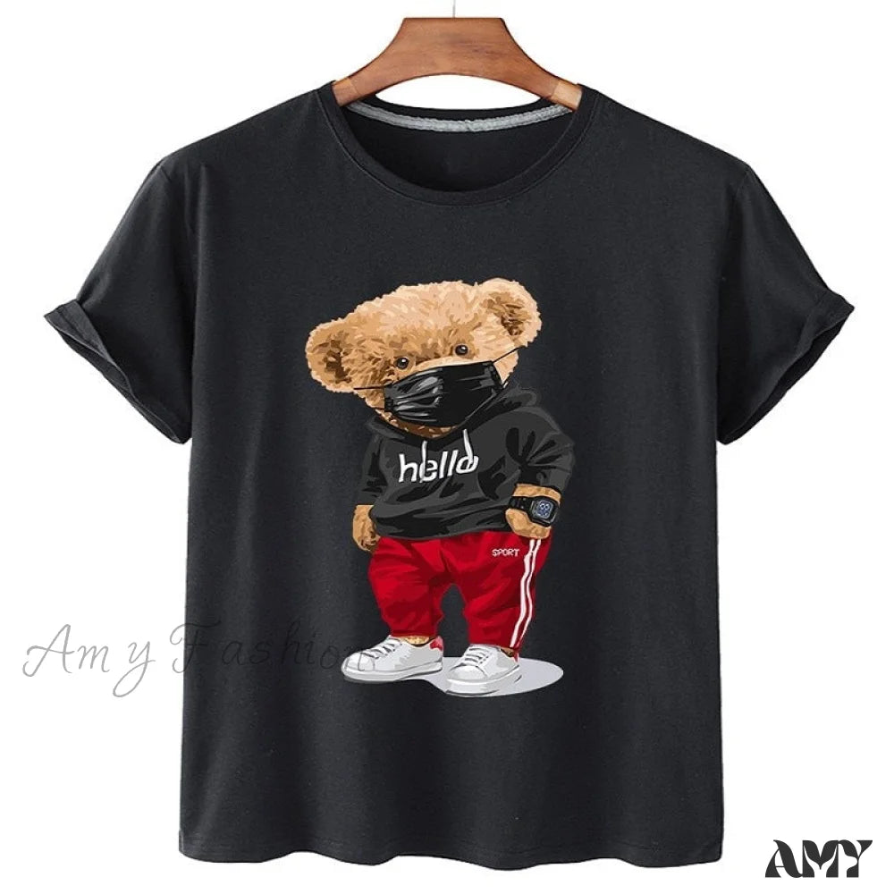 Amy Fashion - 100% Cotton Mask Bear Print Short-sleeved T-shirt