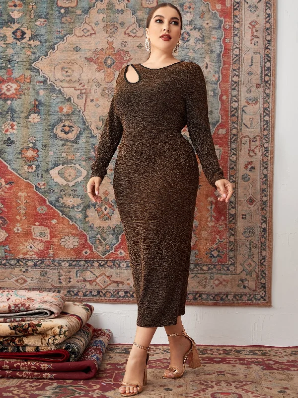 Elegant Plain Contrast Binding Long Sleeve Asymmetrical Neck Pencil High Waist Long Plus Size Dress