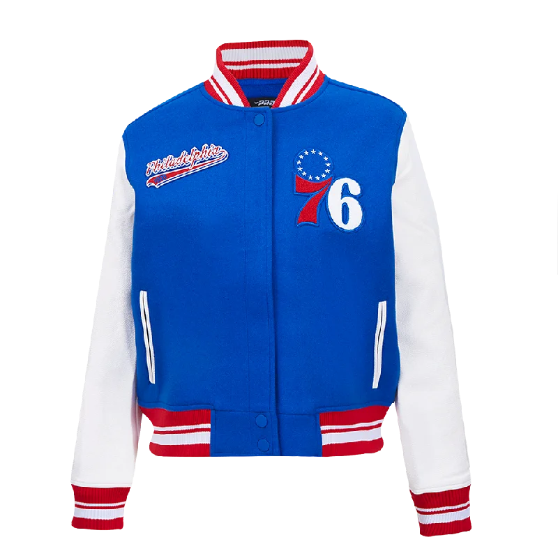 NBA PHILADELPHIA 76ers SCRIPT TAIL WOMEN'S WOOL VARSITY JACKET (ROYAL BLUE/RED)