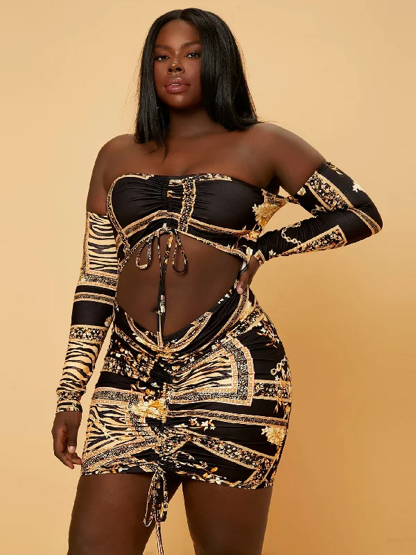 Sexy Chain Print Ruched Long Sleeve Off The Shoulder Pencil Natural Mini Plus Size Dress