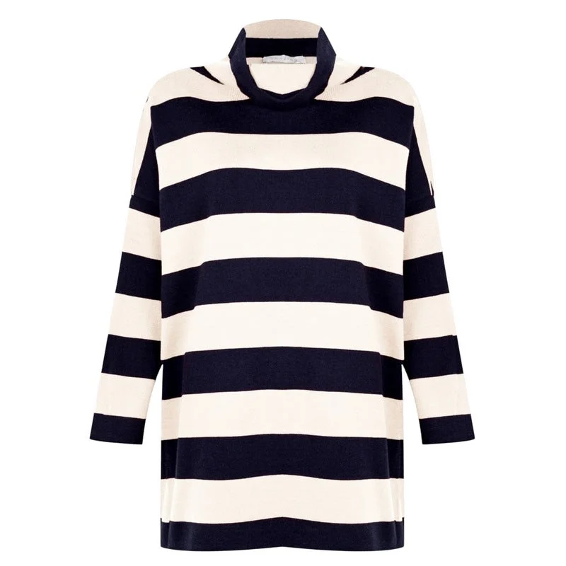 Stina Roll Neck Top in Navy and Cream Stripes