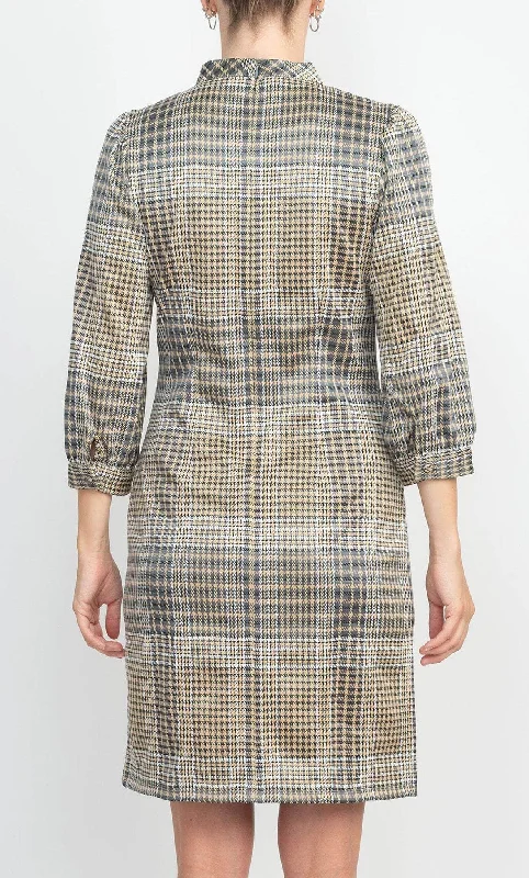 London Times T5954M - Long Sleeve Checkered Short Dress