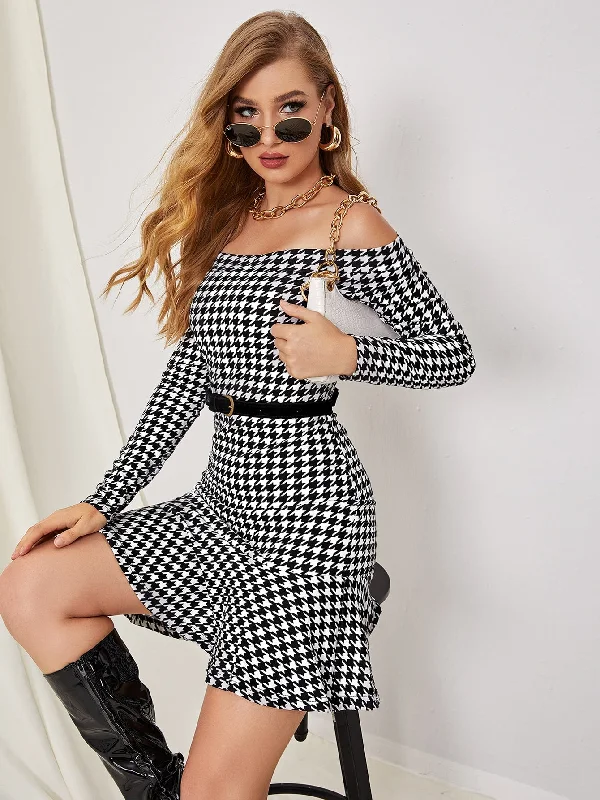 Houndstooth Ruffle Hem Long Sleeve Off The Shoulder Flounce Drop Waist Short Dress